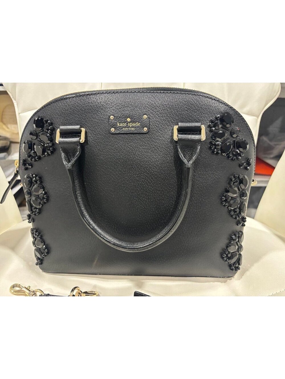 Kate Spade Black Leather Satchel with Beaded Embellishments